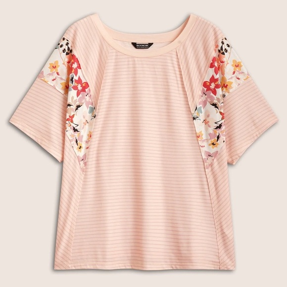 BloomChic Plus Size 3XL Crew Neck Striped Patchwork Floral Print T-shirt us22 - Picture 5 of 7